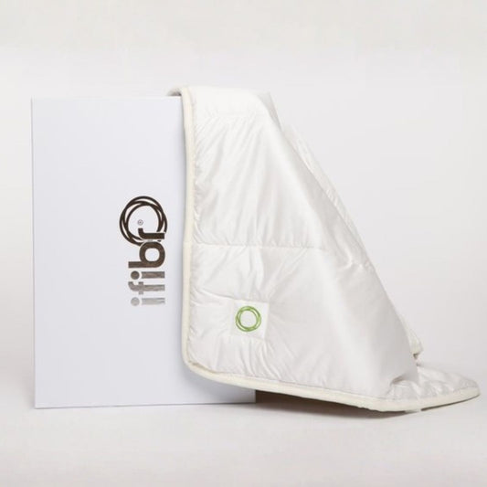 ifibr Matte – weiße Bettauflage aufgestellt neben der weißen ifibr Geschenkbox mit Logo