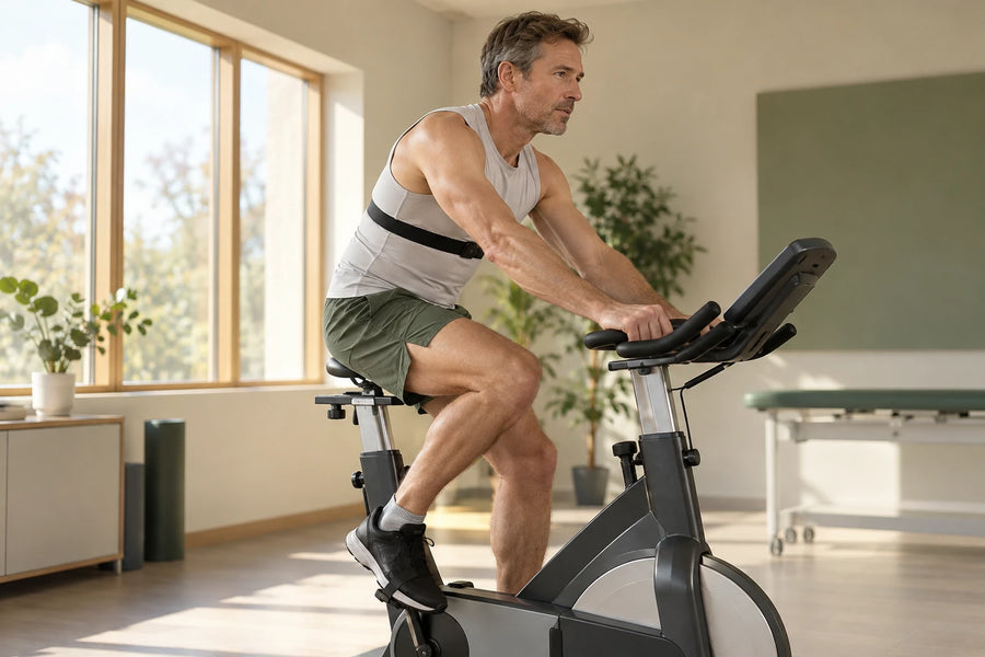 Mann trainiert auf dem Ergometer mit Herzfrequenzgurt, symbolisch für die Studie zu Laktat und Herzfrequenz