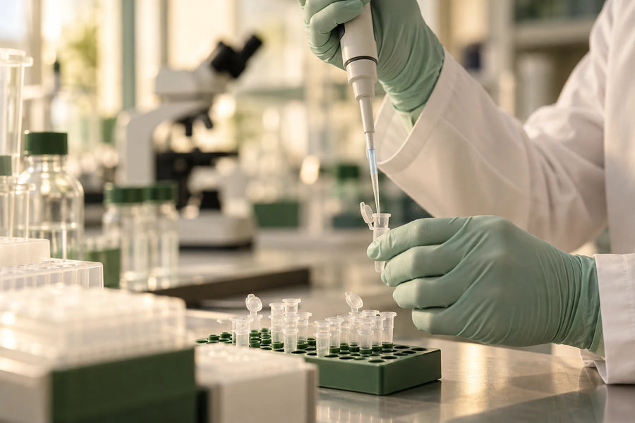 Laborant pipettiert Proben im Labor, symbolisch für die Studie zu Neurotransmittern und Stresshormonen