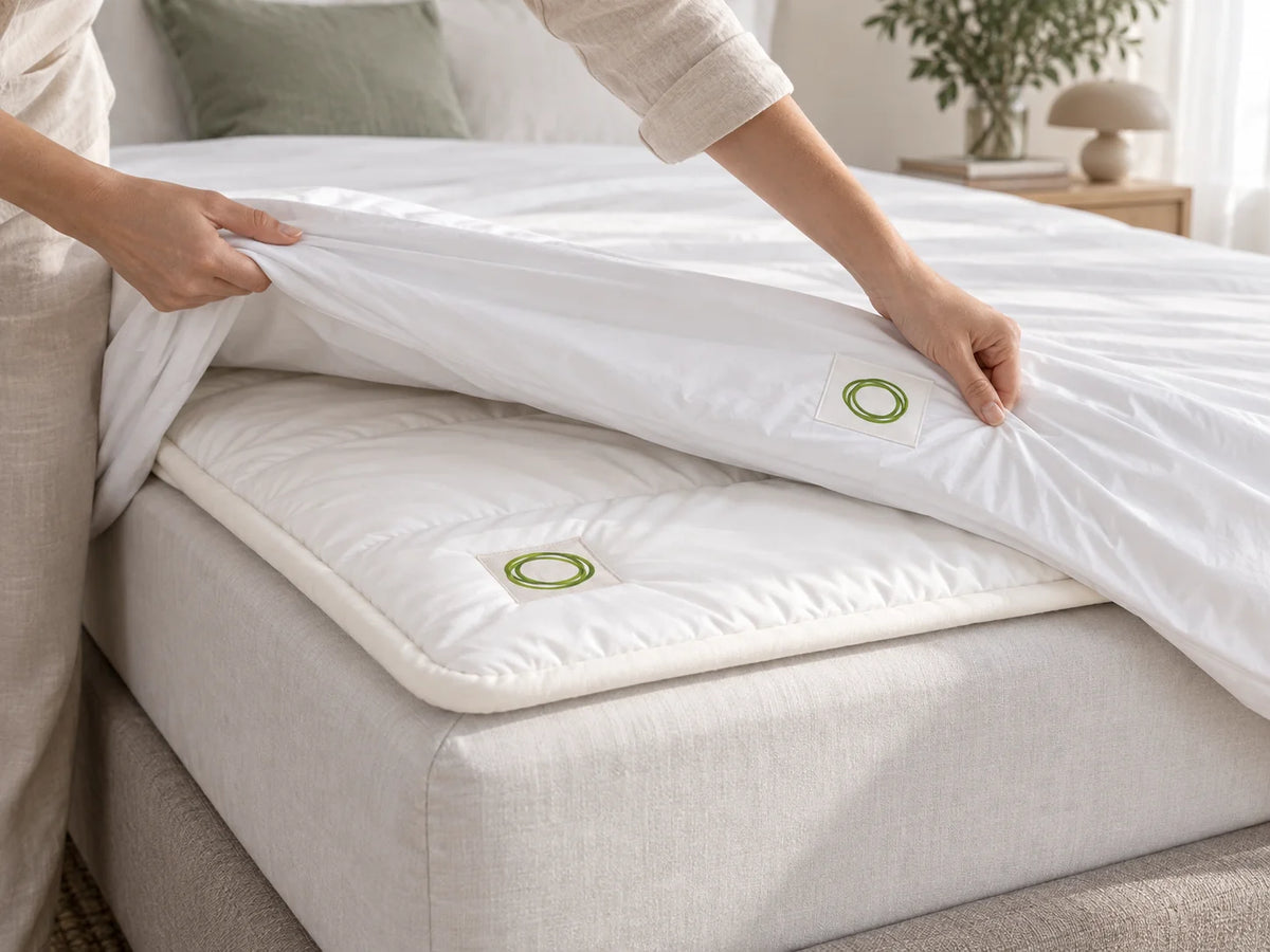 ifibr Cover Schutzbezug wird über die ifibr Schlafauflage auf dem Bett gezogen