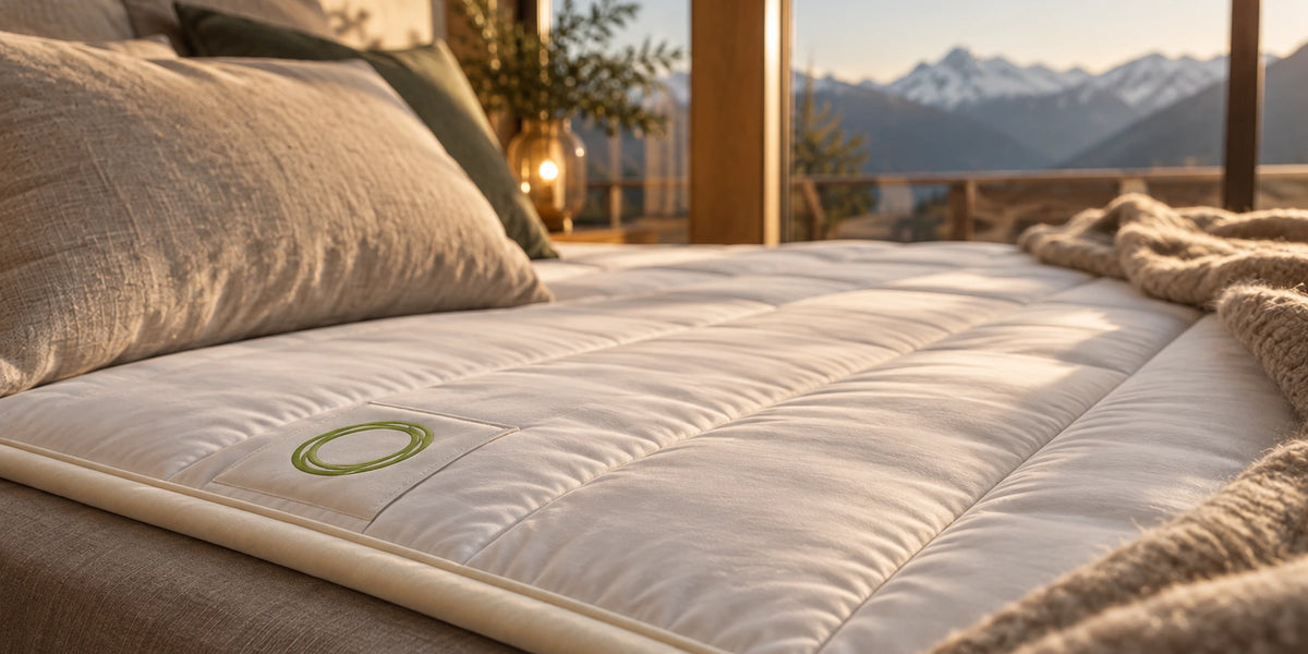 Schlafauflage mit Fibranium-Faser im Bergzimmer bei Sonnenuntergang, Blick auf verschneite Berge
