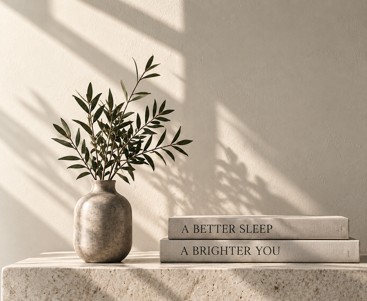 Vase mit Olivenzweig und zwei Büchern (A Better Sleep, A Brighter You) auf einer hellen Steinablage im Sonnenlicht