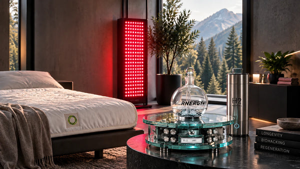 Moderner Recovery-Raum mit Lichttherapie-Panel, AIRNERGY-Gerät und Schlafauflage vor Bergblick