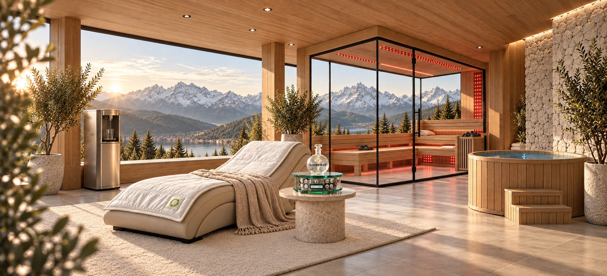 Panoramablick auf einen Longevity Space mit Liege, AIRNERGY-Gerät, Infrarotsauna und Außenwanne vor Bergkulisse