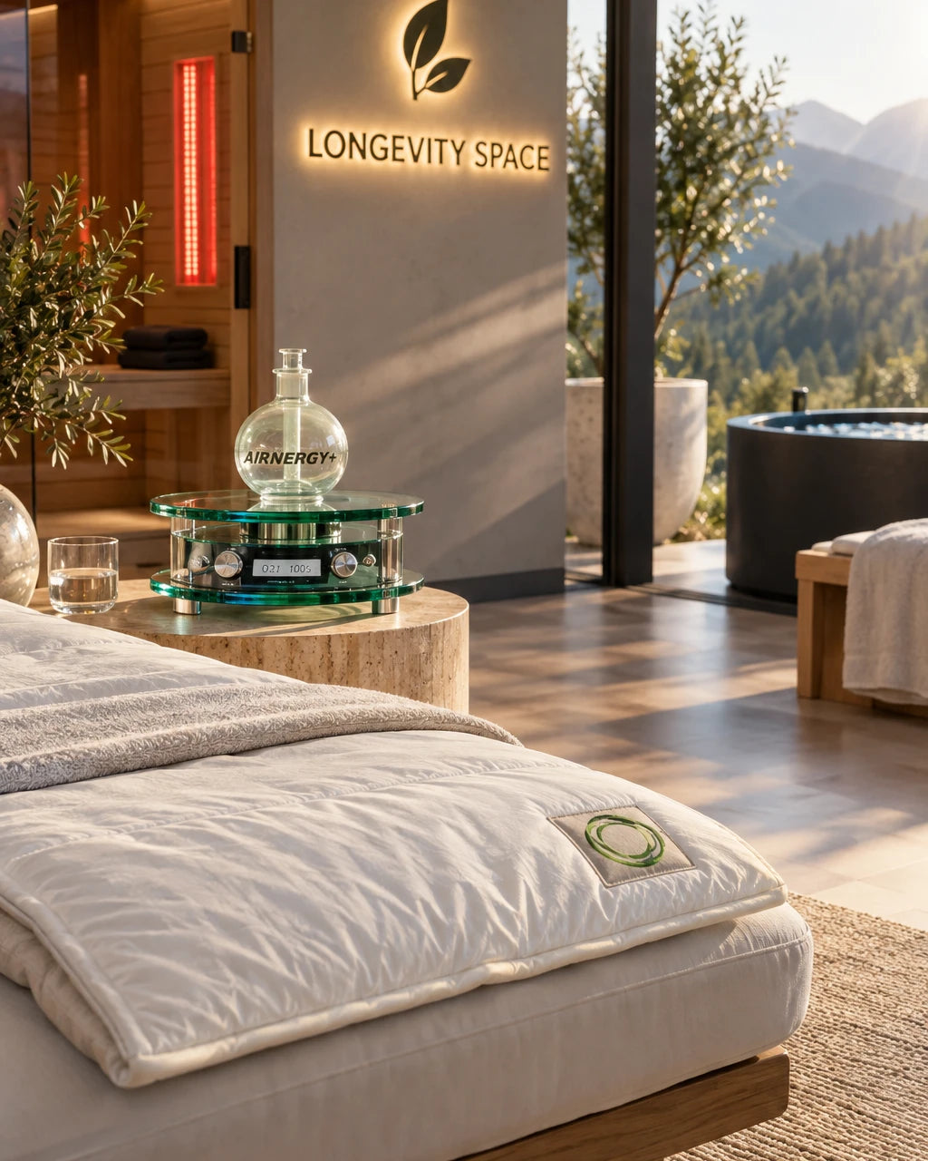 Longevity Space mit ifibr Schlafauflage, AIRNERGY-Gerät, Infrarotsauna und Bergblick